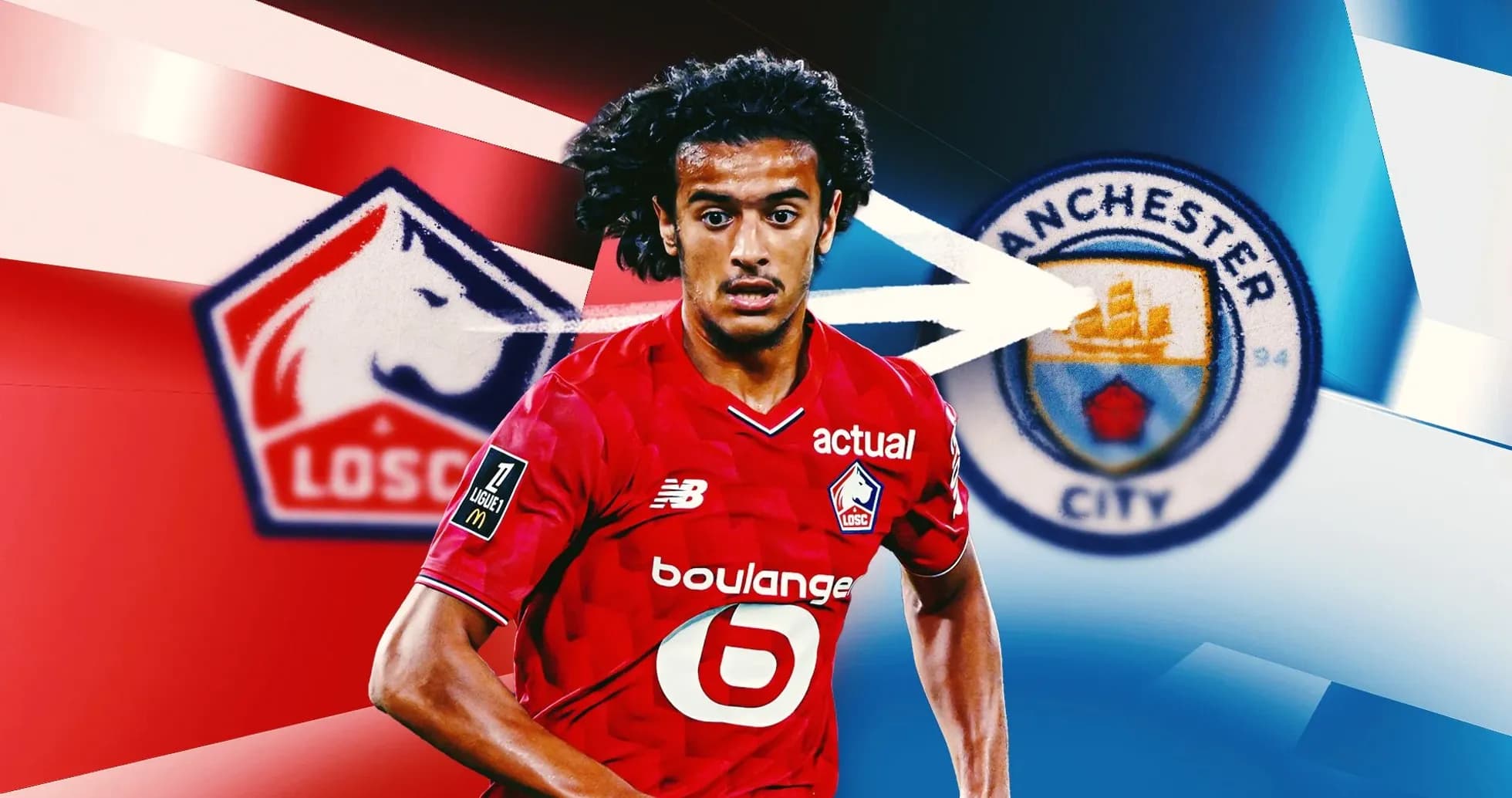 Player in LOSC jersey with Manchester City logo background