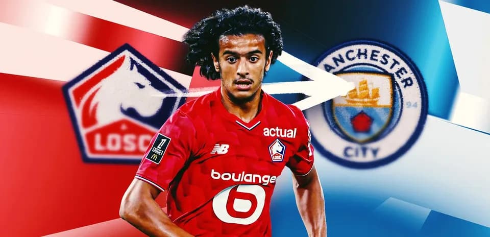 Player in LOSC jersey with Manchester City logo background
