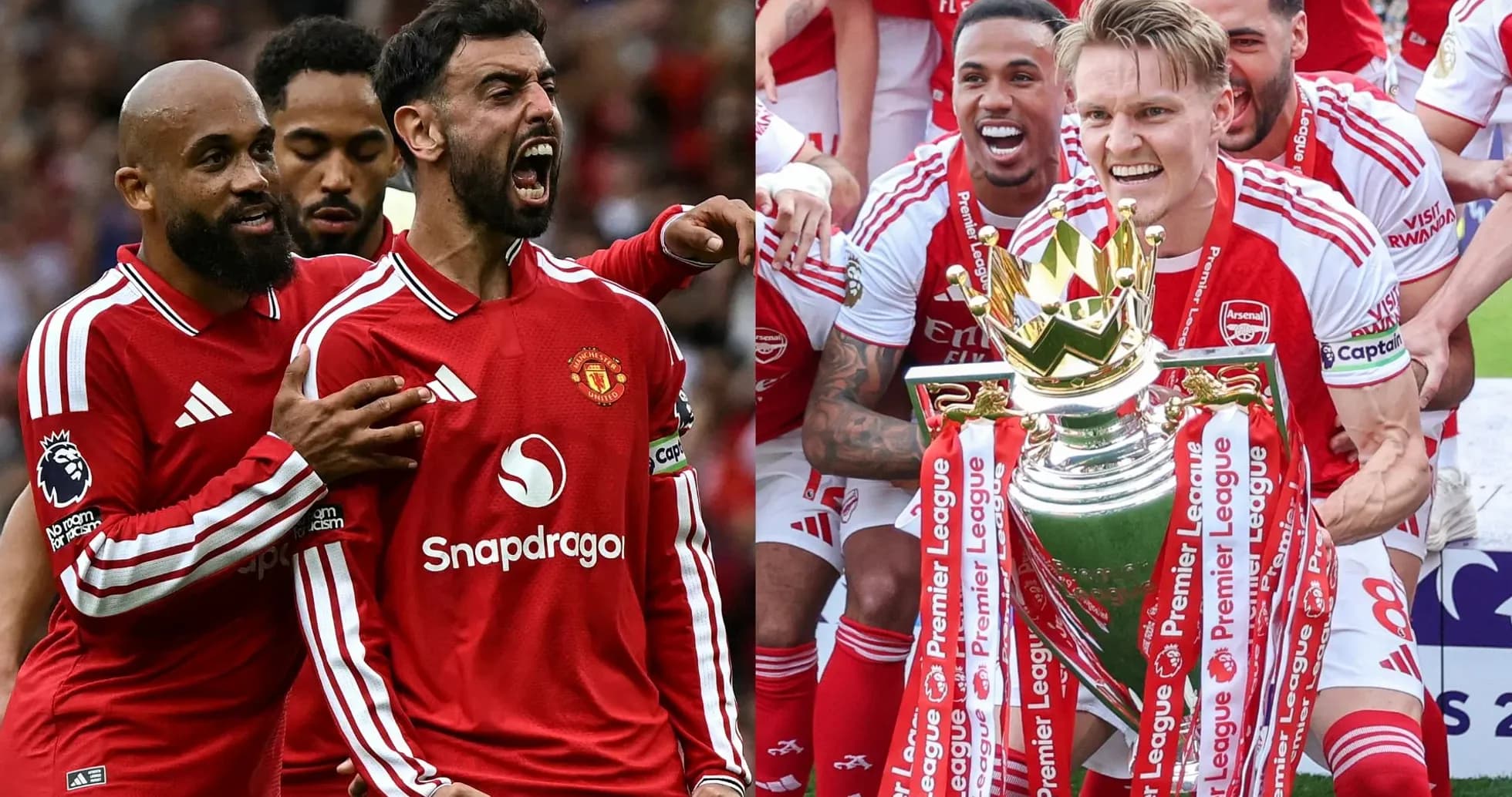 Manchester United players celebrating; Arsenal lifting trophy