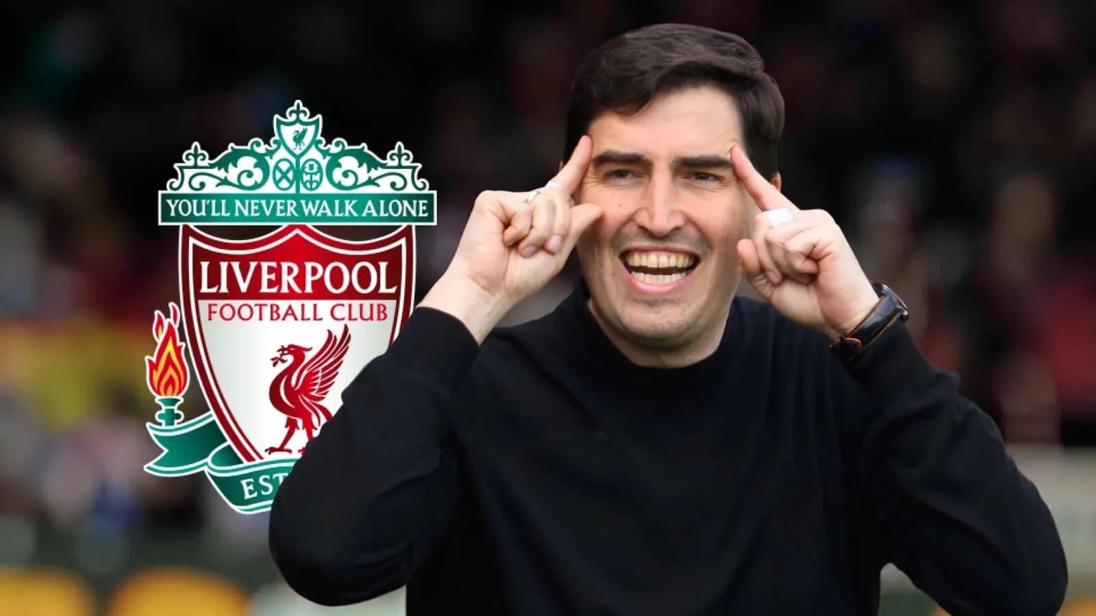 Coach gesturing enthusiastically near Liverpool FC logo