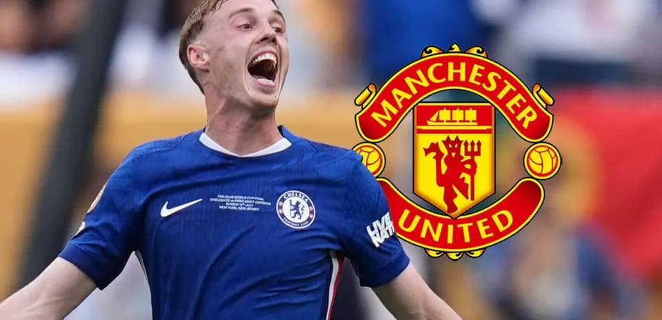 Player celebrating with Chelsea jersey and Manchester United logo