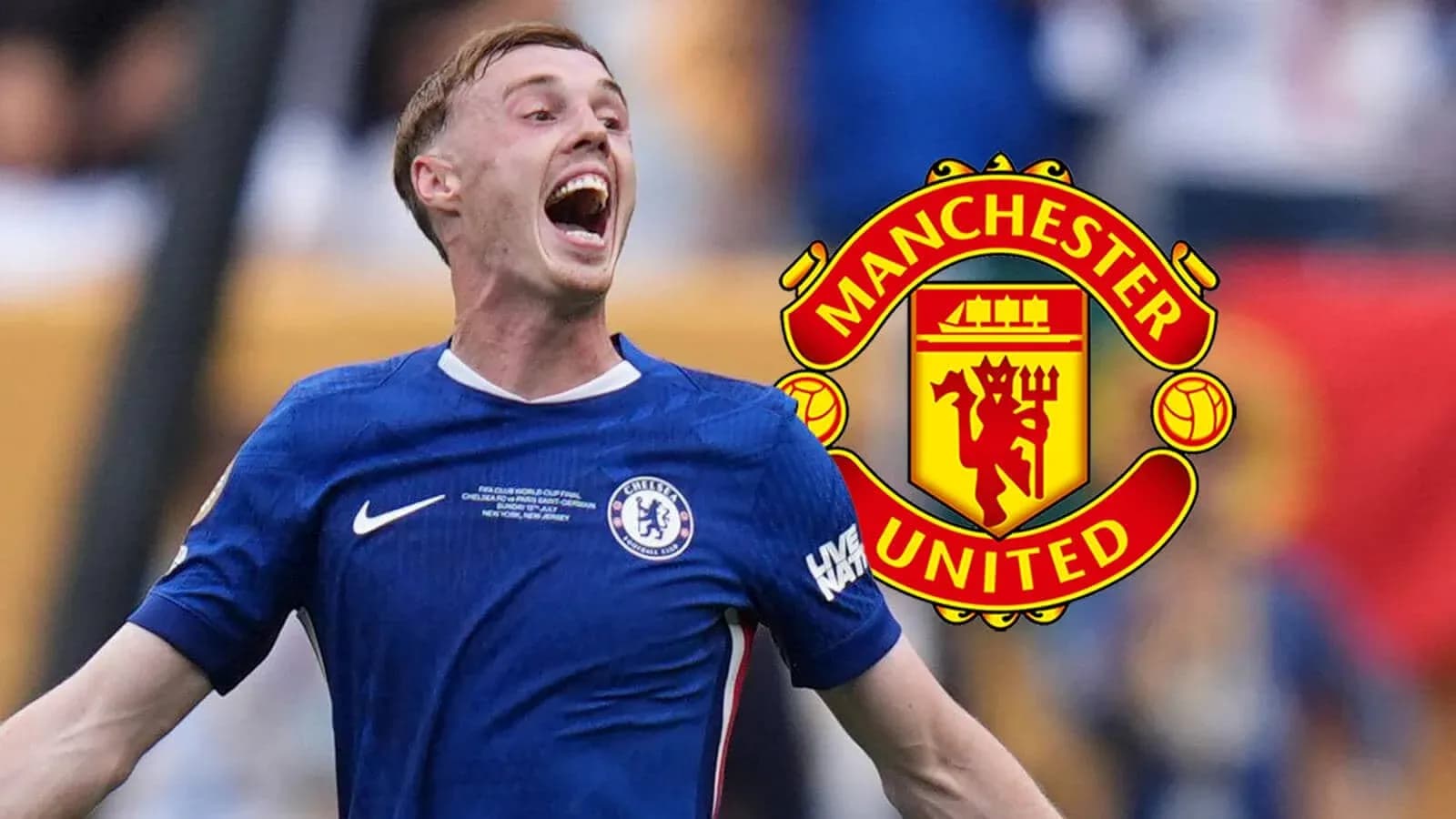 Player celebrating with Chelsea jersey and Manchester United logo