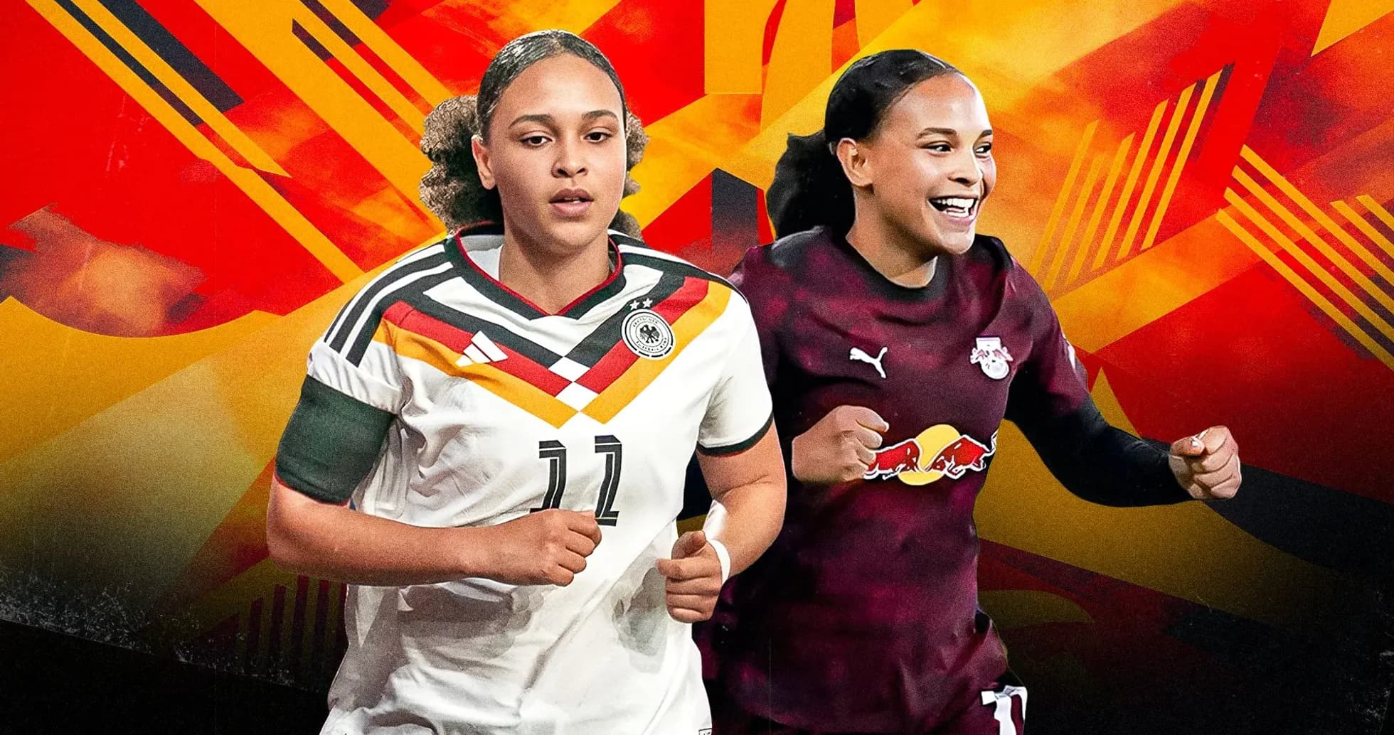 Two female football players in dynamic poses