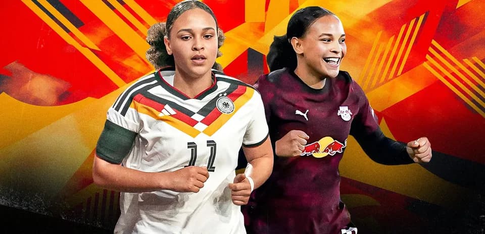 Two female football players in dynamic poses