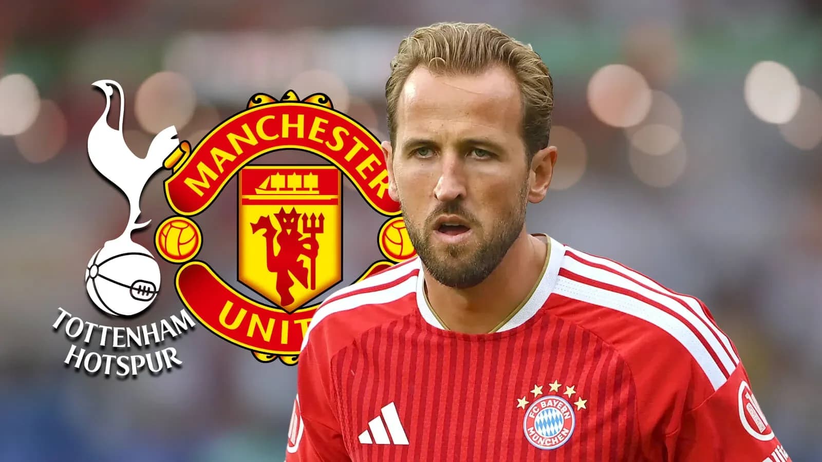 Harry Kane in Bayern Munich jersey with club logos
