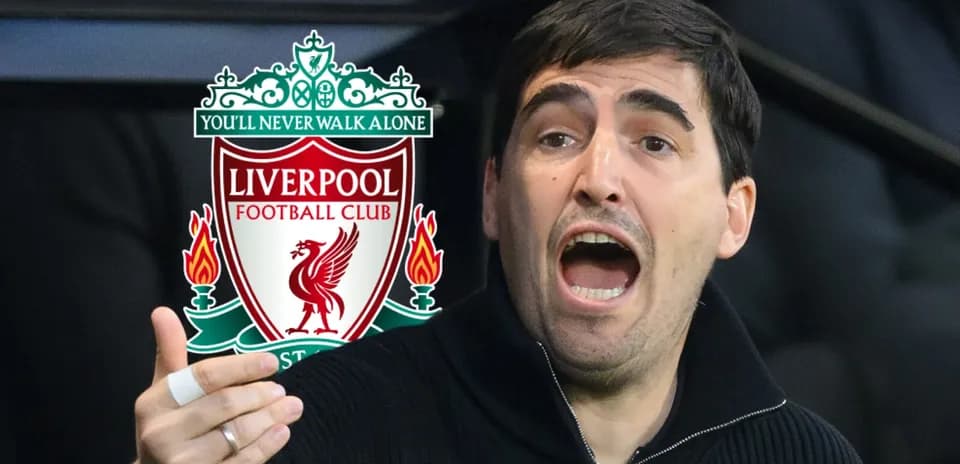 Man gesturing passionately with Liverpool logo background