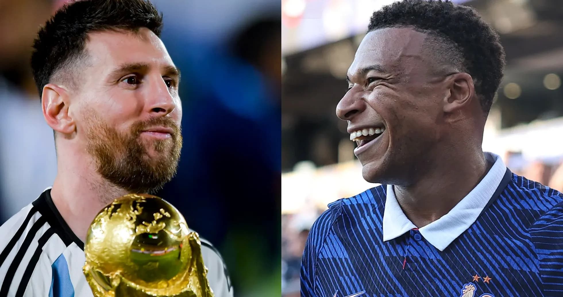 Lionel Messi holding trophy next to Kylian Mbappé