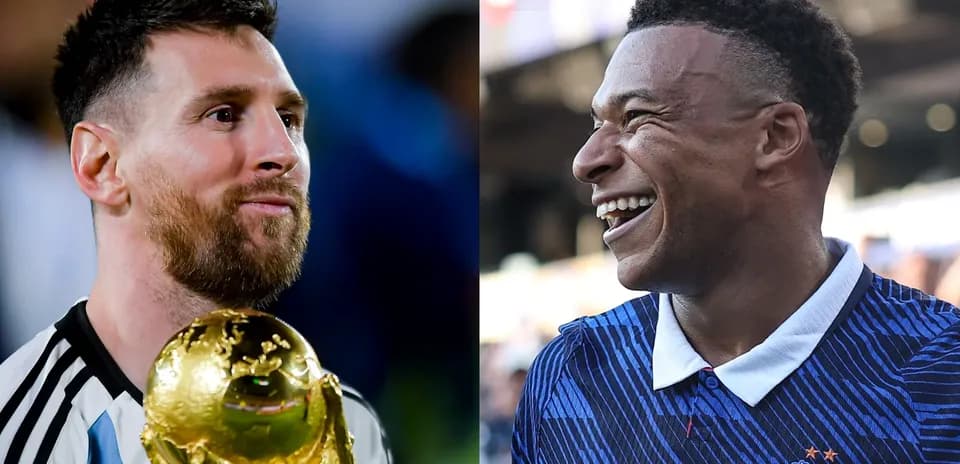 Lionel Messi holding trophy next to Kylian Mbappé