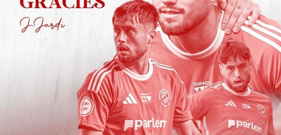 Player in red jersey with team logo and text