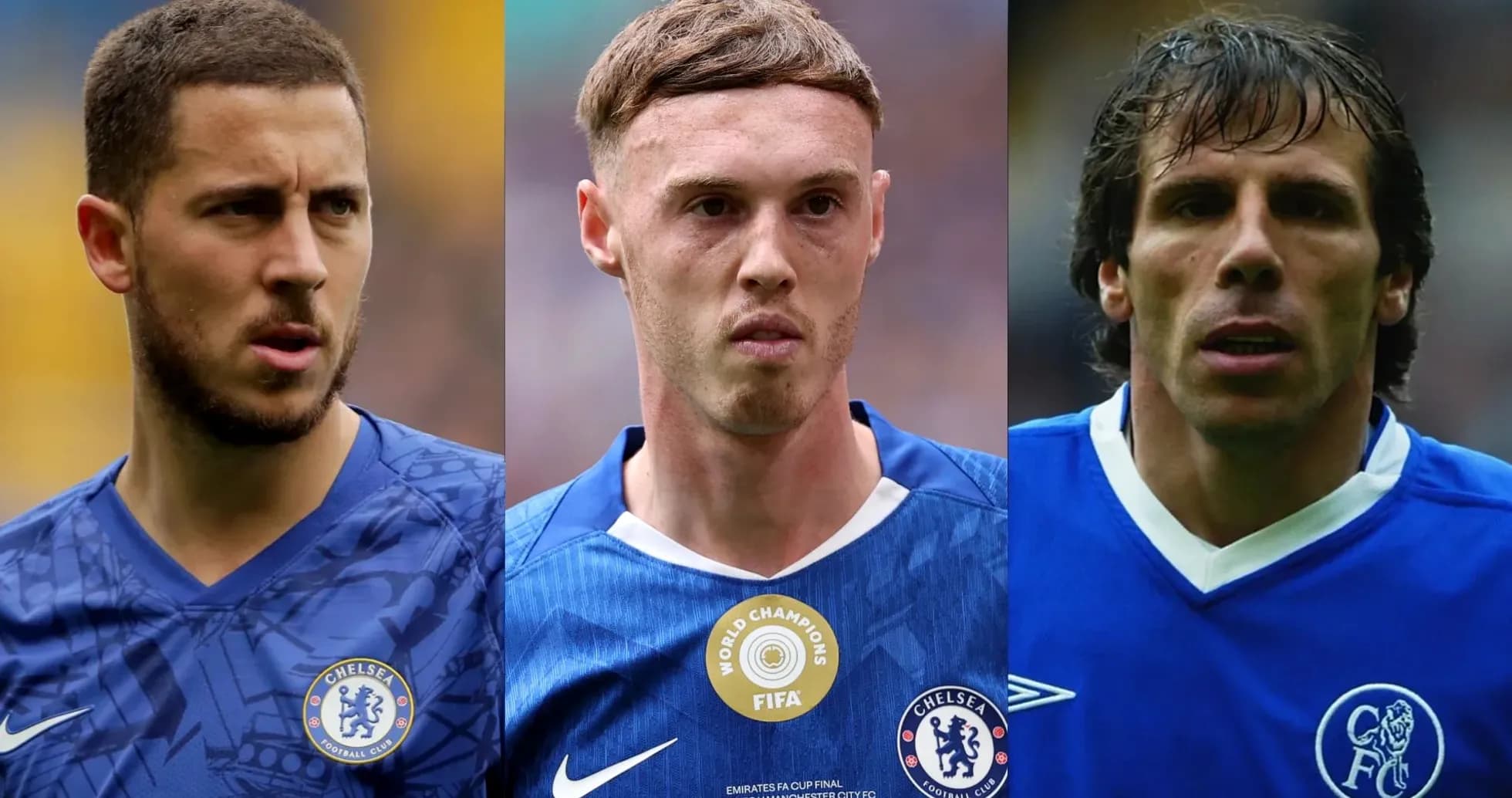 Three Chelsea players in blue kits posing for photo