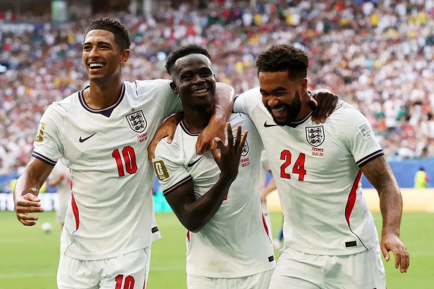 England players celebrating a goal during match