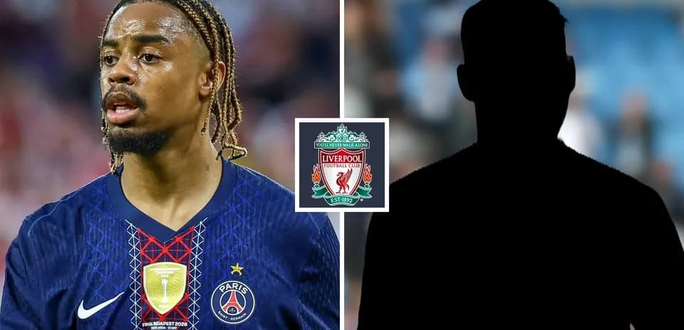 Player in PSG jersey alongside Liverpool logo silhouette