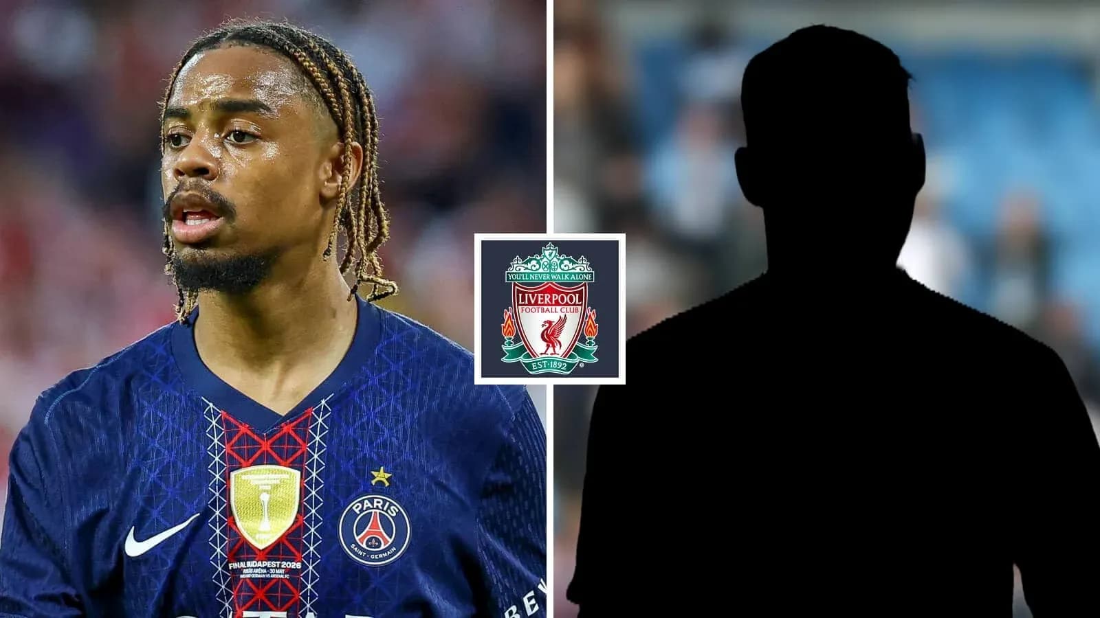 Player in PSG jersey alongside Liverpool logo silhouette