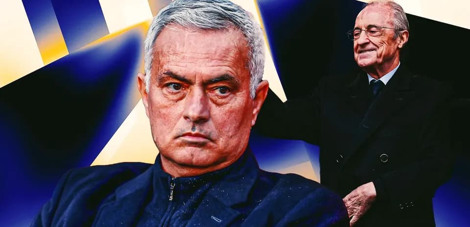 Jose Mourinho with serious expression and smiling figure behind