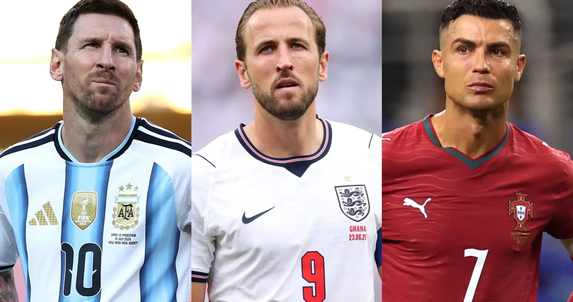 Messi, Kane, and Ronaldo in their national team jerseys