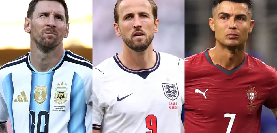 Messi, Kane, and Ronaldo in their national team jerseys
