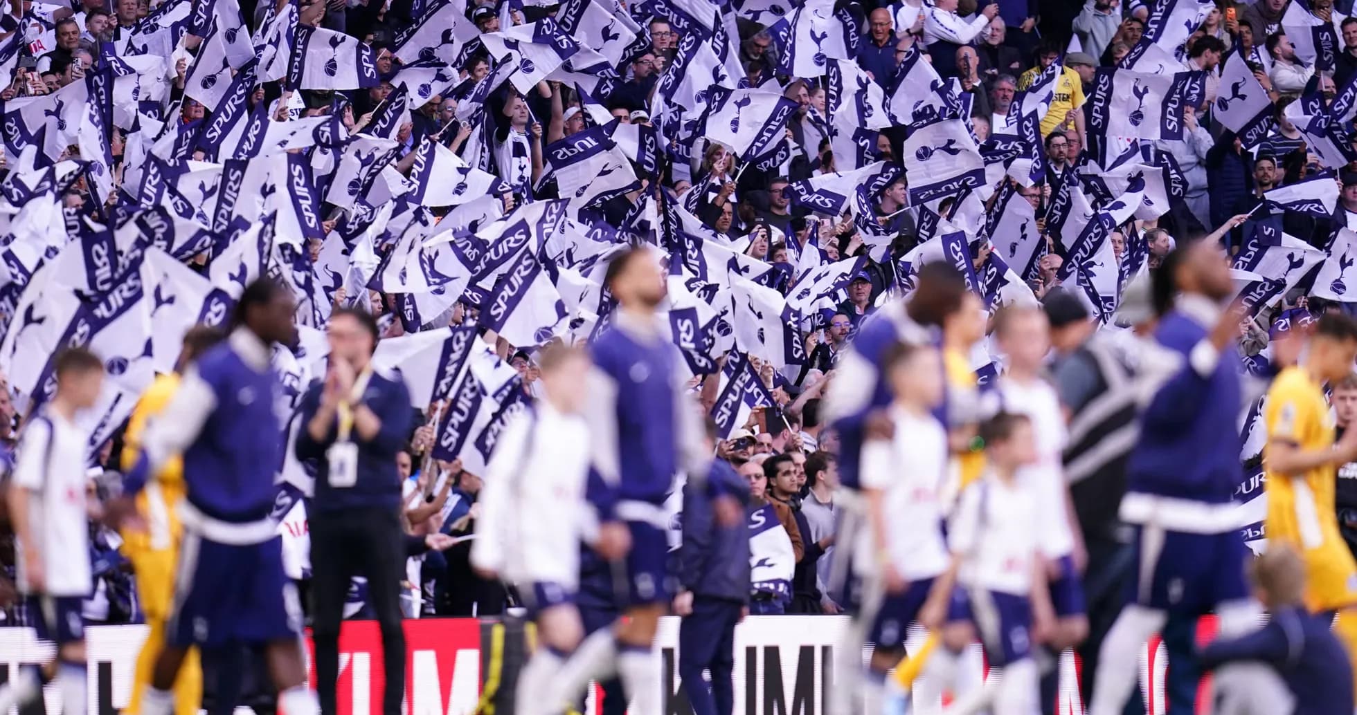 Fans waving flags in Tottenham Hotspur stadium
