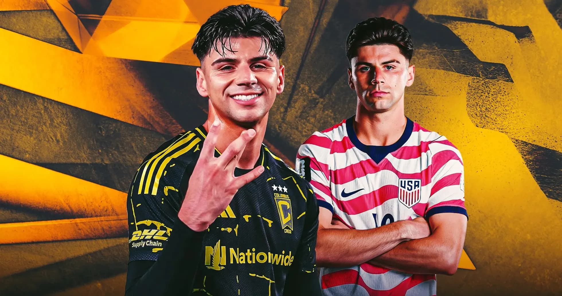 Two soccer players posing in team jerseys