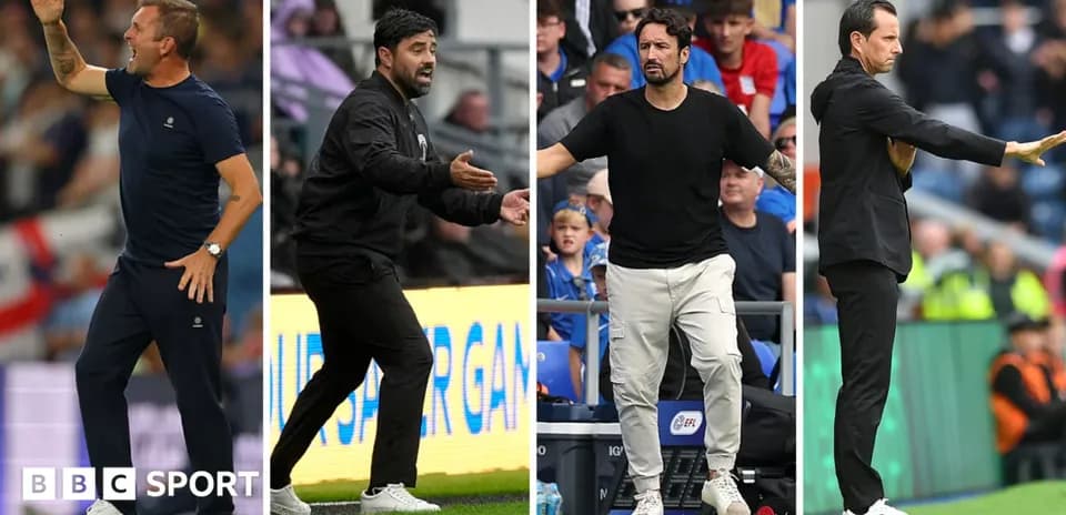 Four football managers directing their teams during matches