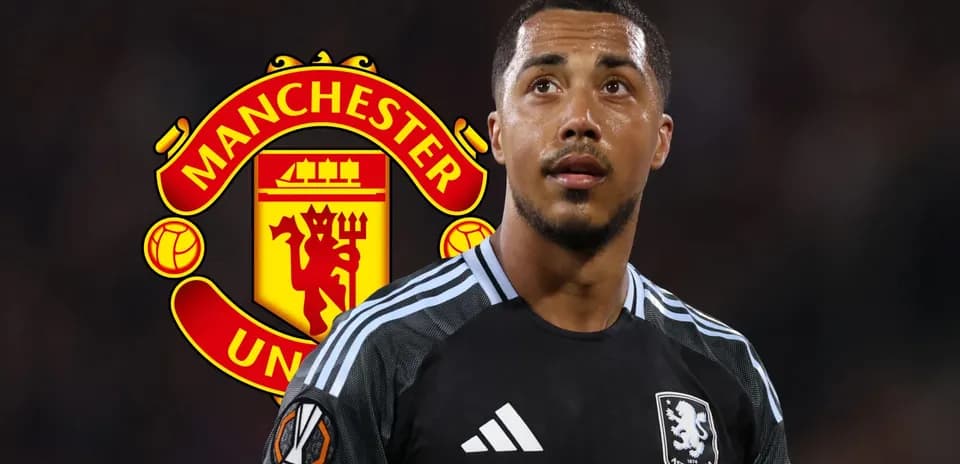 Aston Villa player with Manchester United logo background