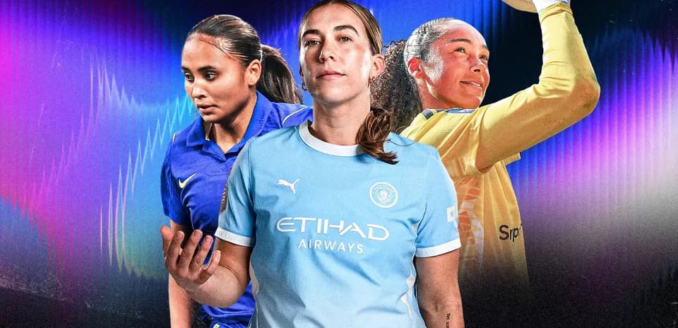 Three female soccer players in team jerseys