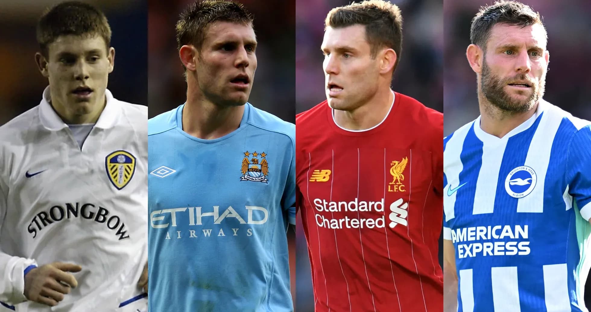 Four football players in team jerseys over the years