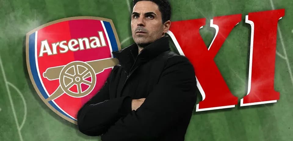 Mikel Arteta in front of Arsenal logo and XI