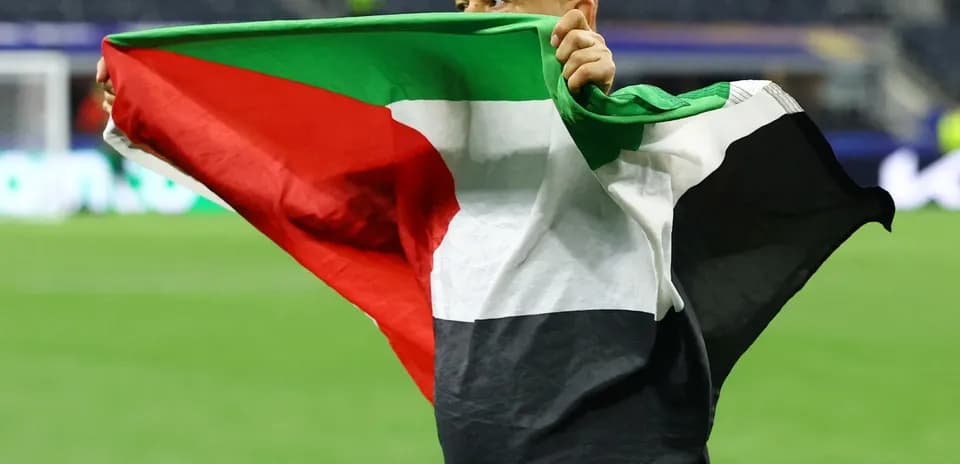 Person holding a flag celebrating on the field