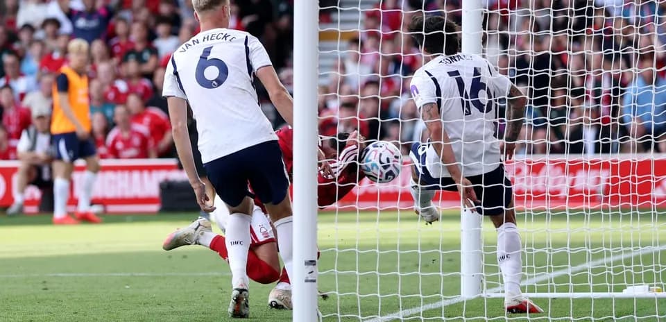 Players contesting a goal during Nottingham Forest match