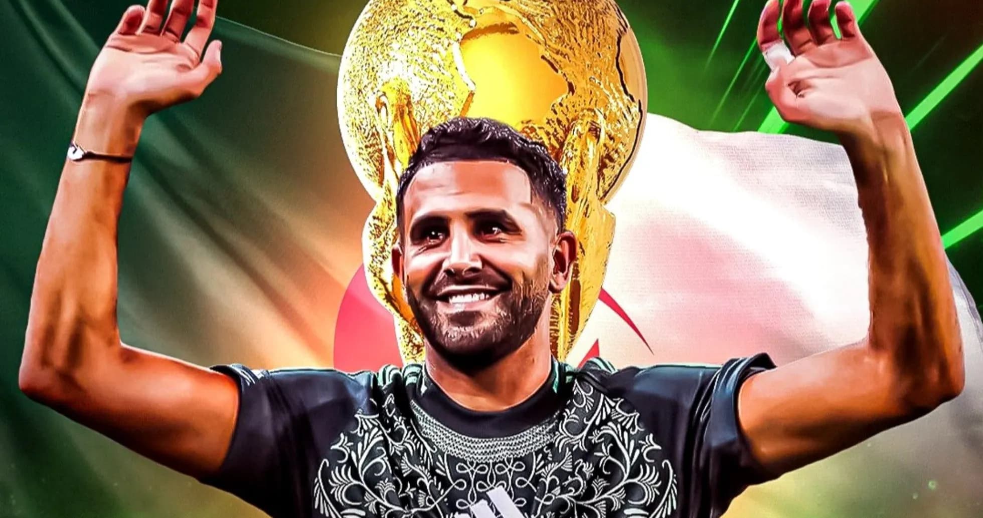 Player celebrating with trophy and national flag background