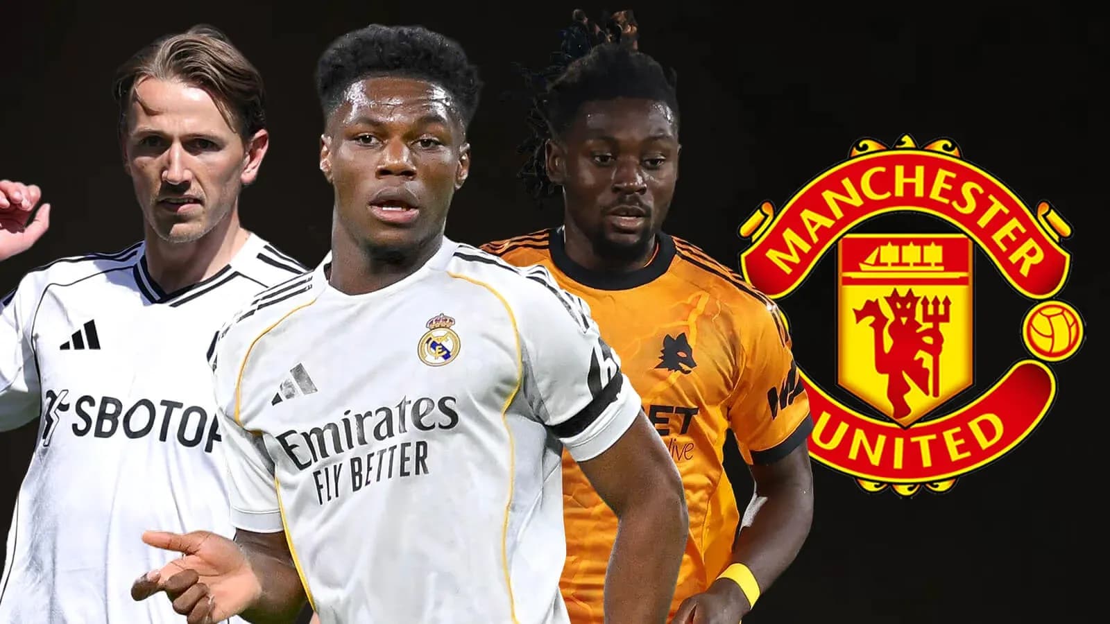 Three football players with Manchester United logo background