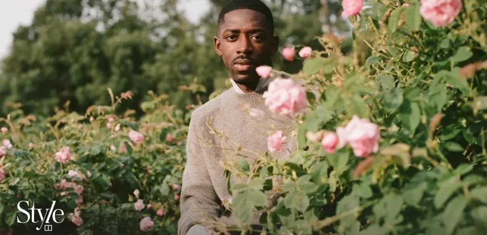 Person sitting among pink roses in a garden