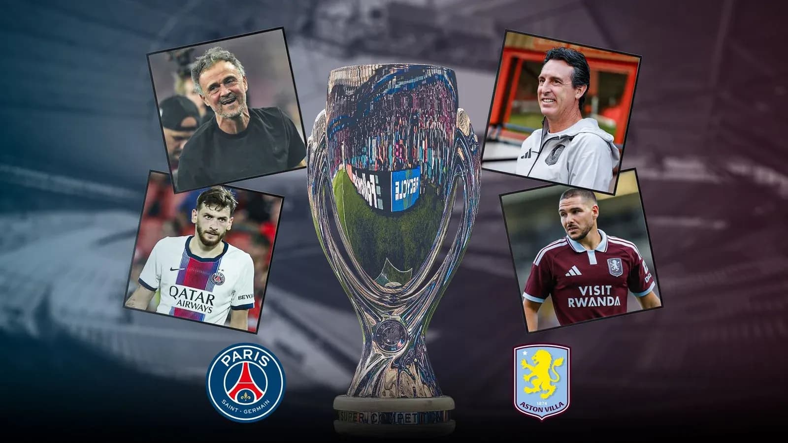 Coaches and players around the Super Cup trophy