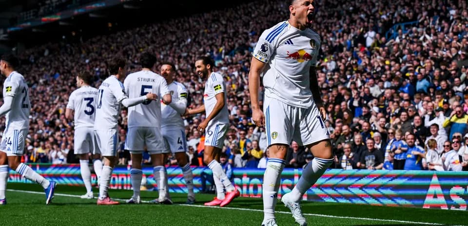 Leeds players celebrating a goal during match