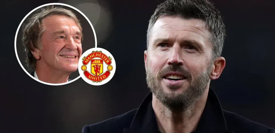 Michael Carrick speaking with Manchester United logo