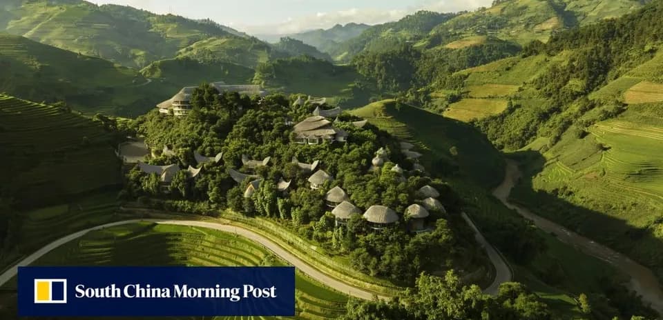 Aerial view of terraced hills and buildings