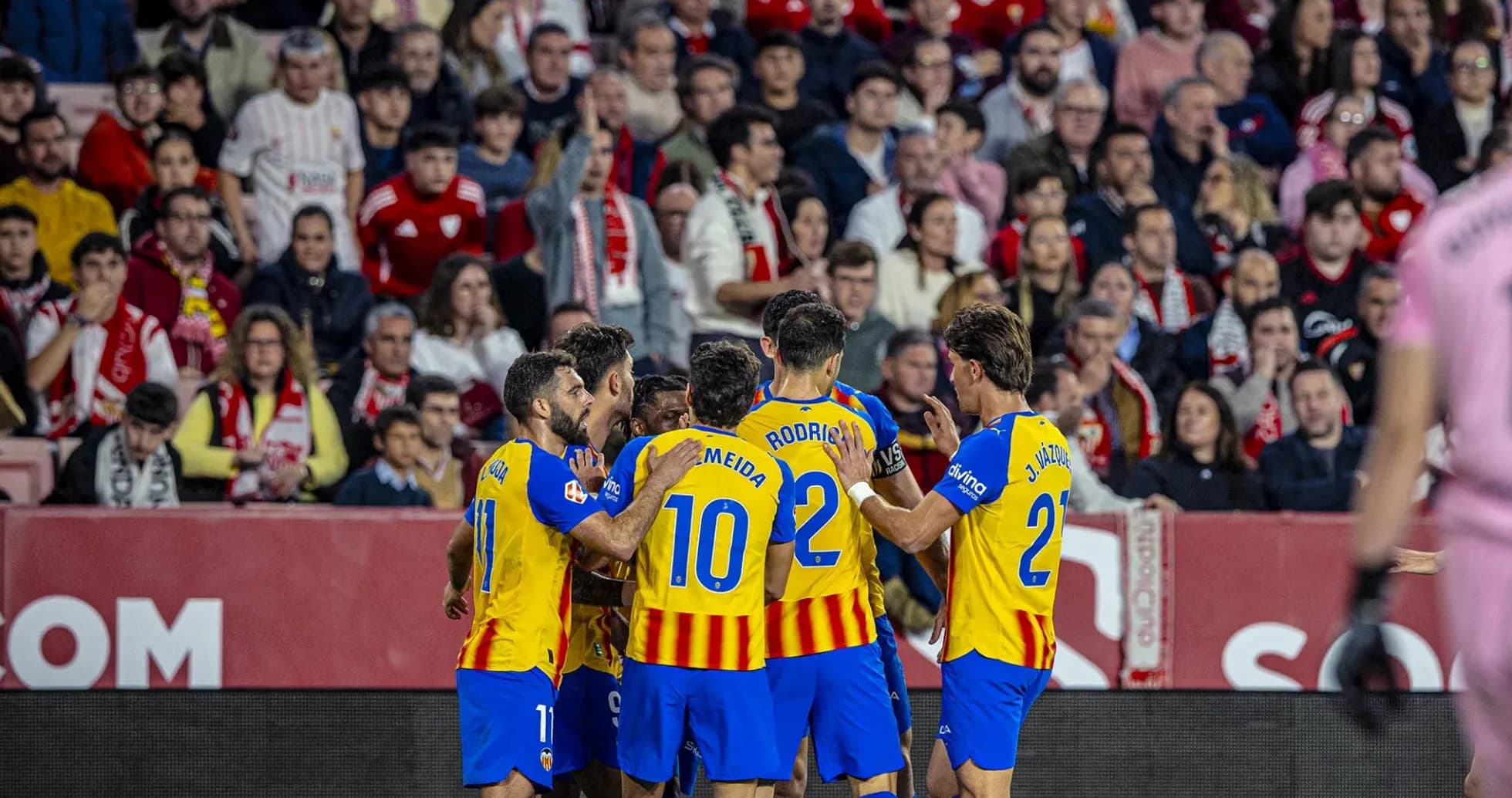 Valencia players celebrating a goal during La Liga match
