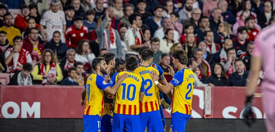 Valencia players celebrating a goal during La Liga match