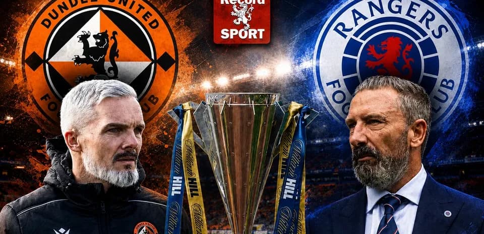 Coaches of Dundee United and Rangers with trophy