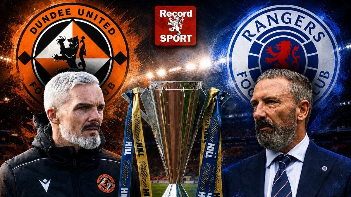 Coaches of Dundee United and Rangers with trophy