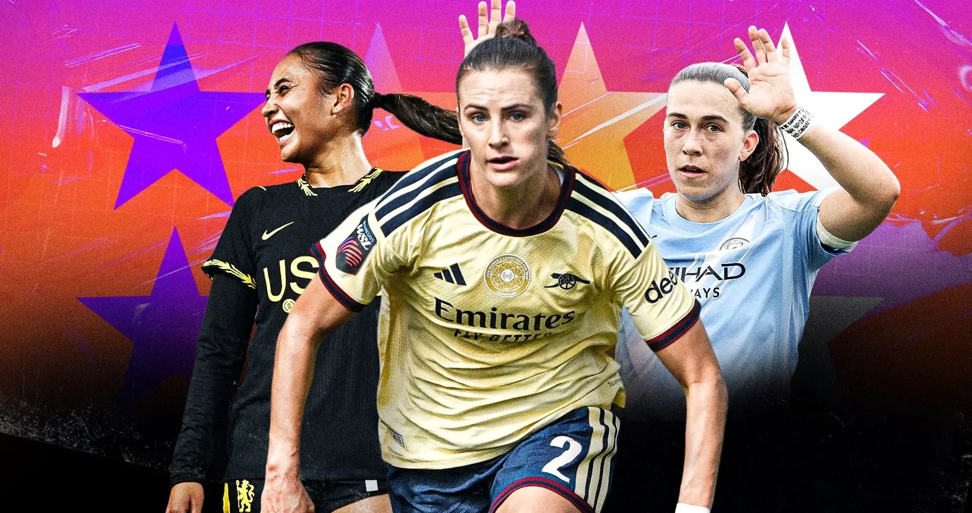 Three female soccer players in team jerseys