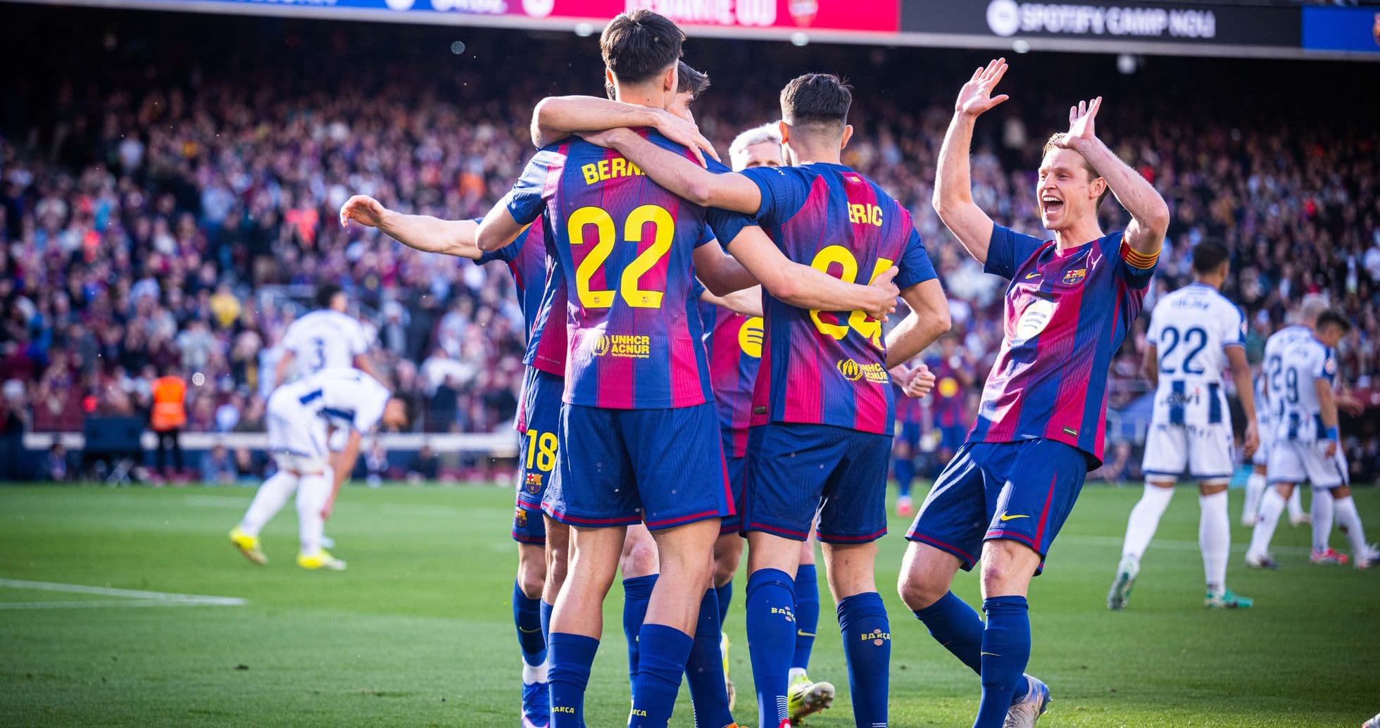 Barcelona players celebrating a goal against Levante