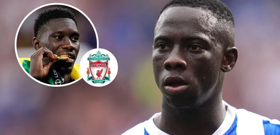 Football player with Liverpool logo in background