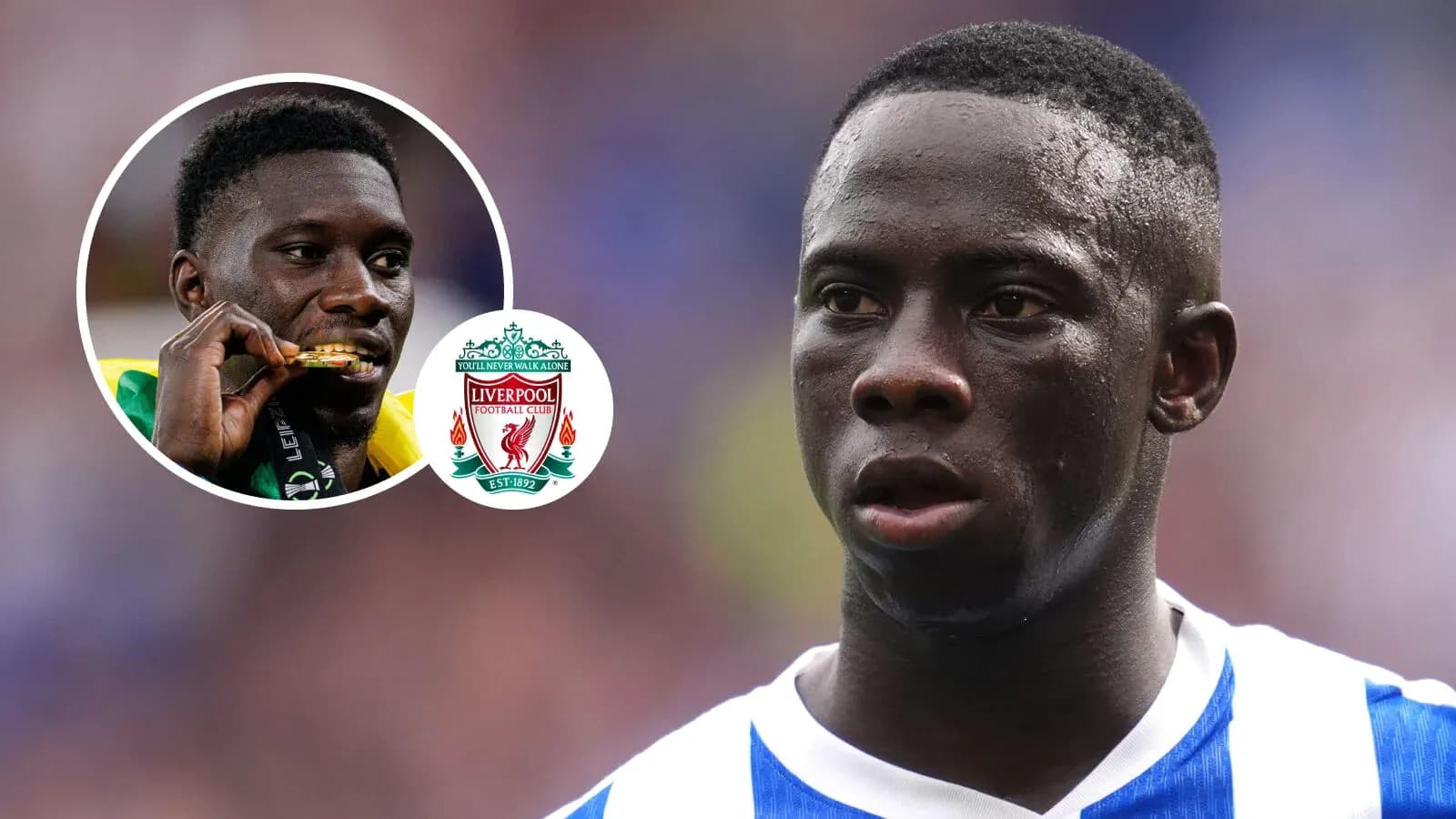 Football player with Liverpool logo in background