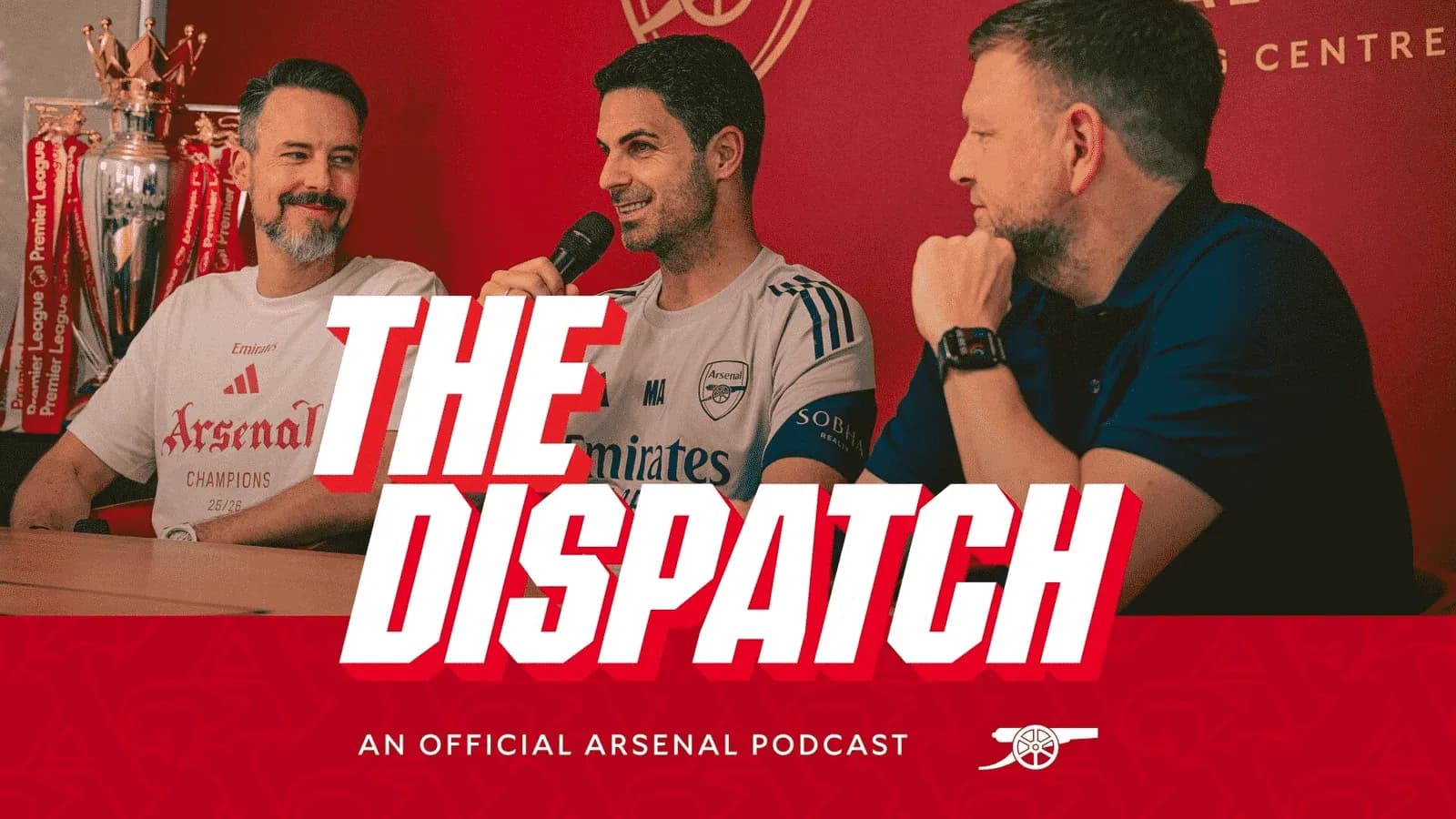 Three men discussing on Arsenal podcast set