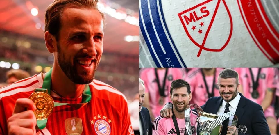 Harry Kane celebrating, MLS logo, Messi and Beckham with trophy
