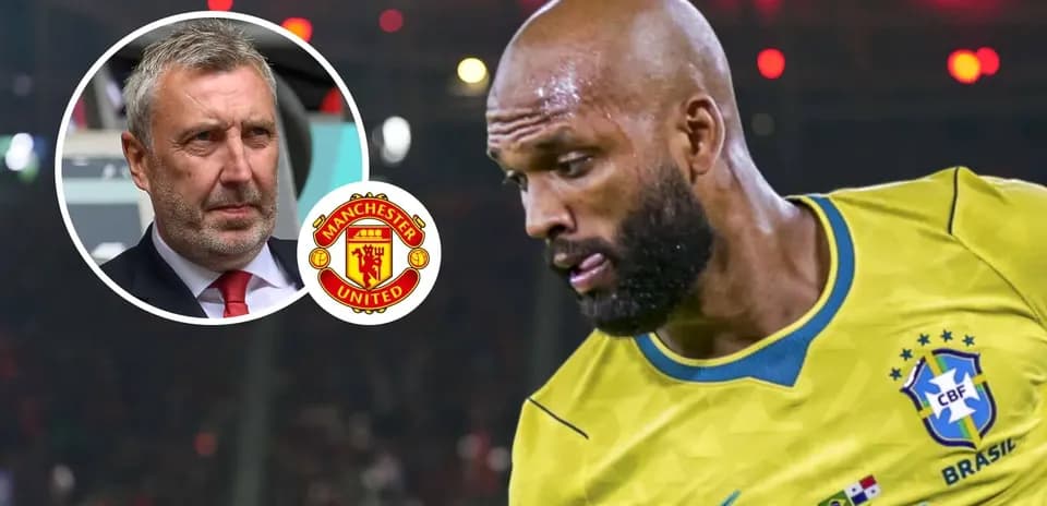 Player in Brazil kit during match with Manchester United logo