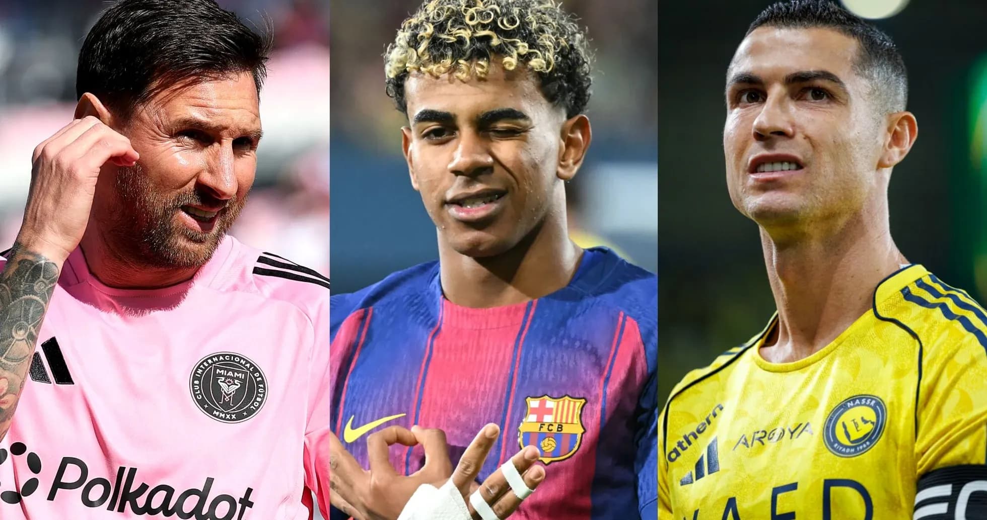 Three soccer players in team jerseys posing together