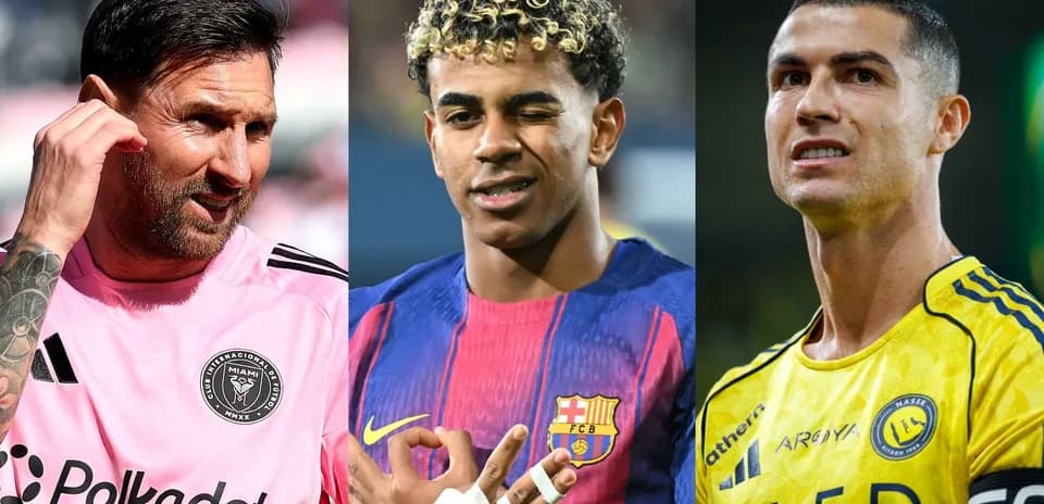 Three soccer players in team jerseys posing together