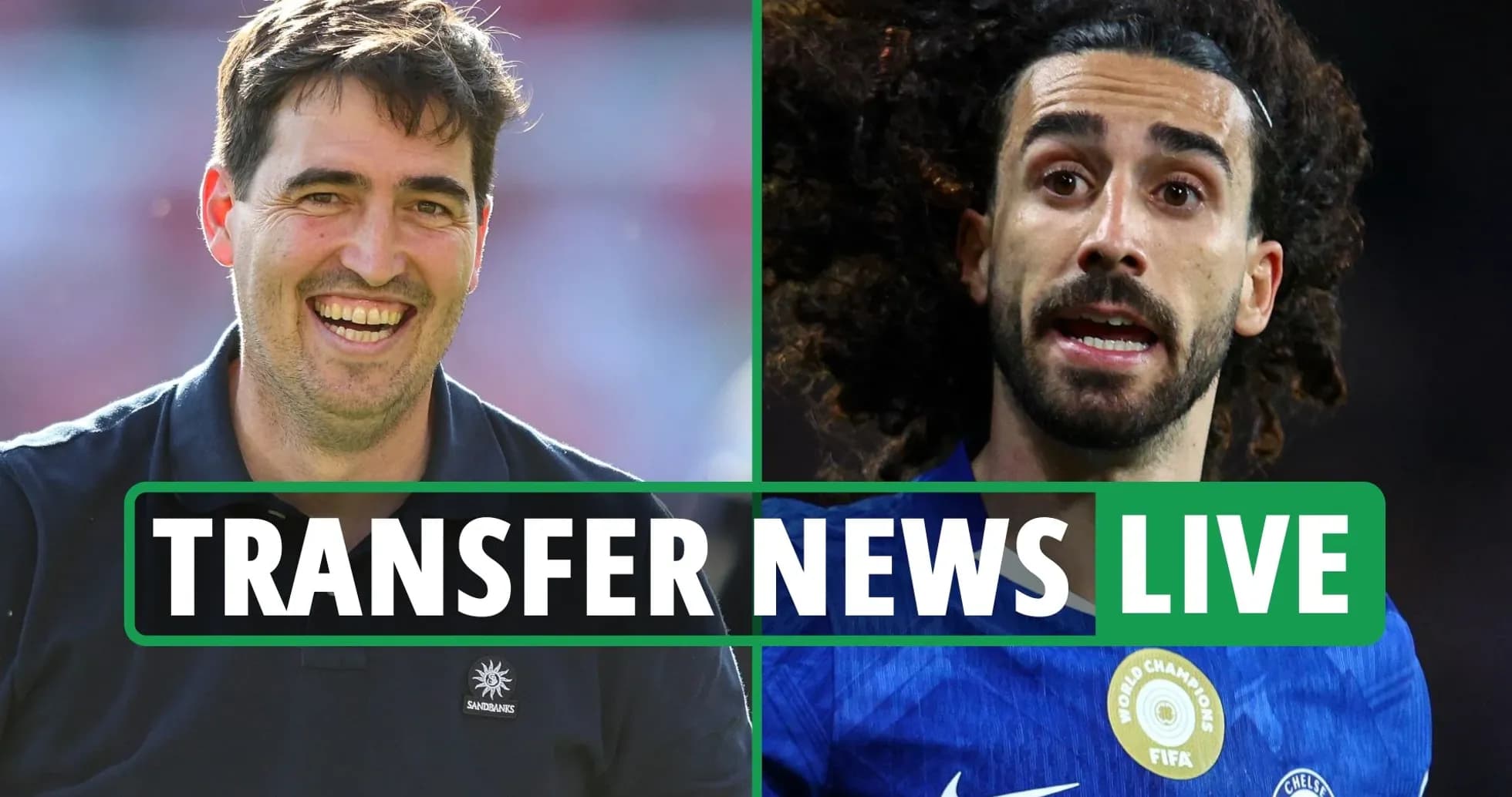 Split image of a coach and a player with transfer news banner